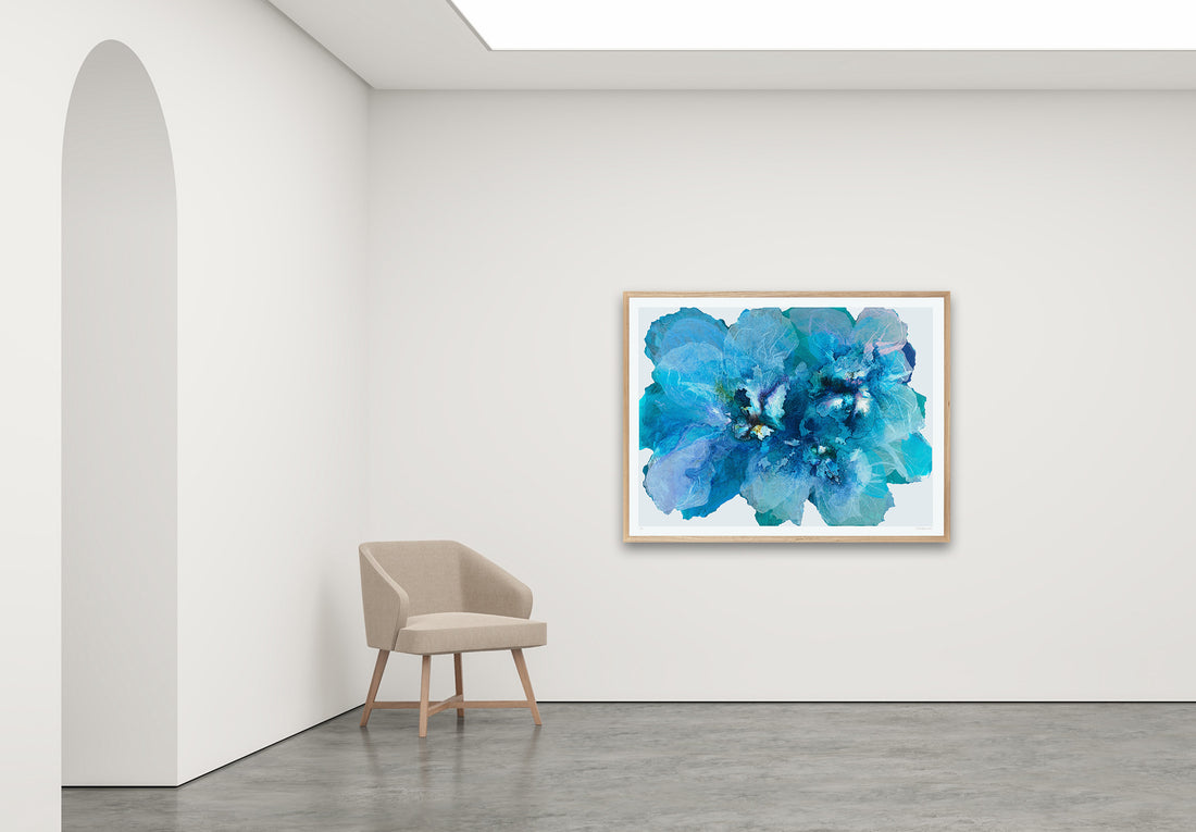 Antoinette Ferwerda | Blue Sea Champagne Poppy- Large, limited edition fine art reproduction in a natural oak frame