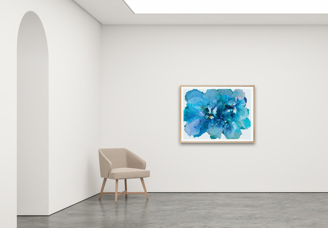 Antoinette Ferwerda | Blue Sea Champagne Poppy- Medium, limited edition fine art reproduction in a natural oak frame
