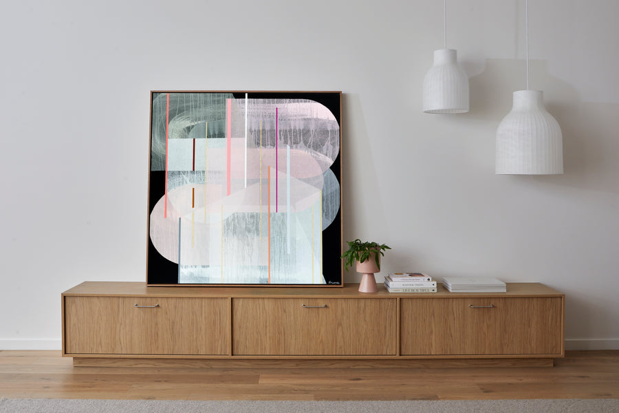 Antoinette Ferwerda | Pink Topaz Gossamer (2022) - Original artwork on side board, framed in natural oak (124cm x 124cm)