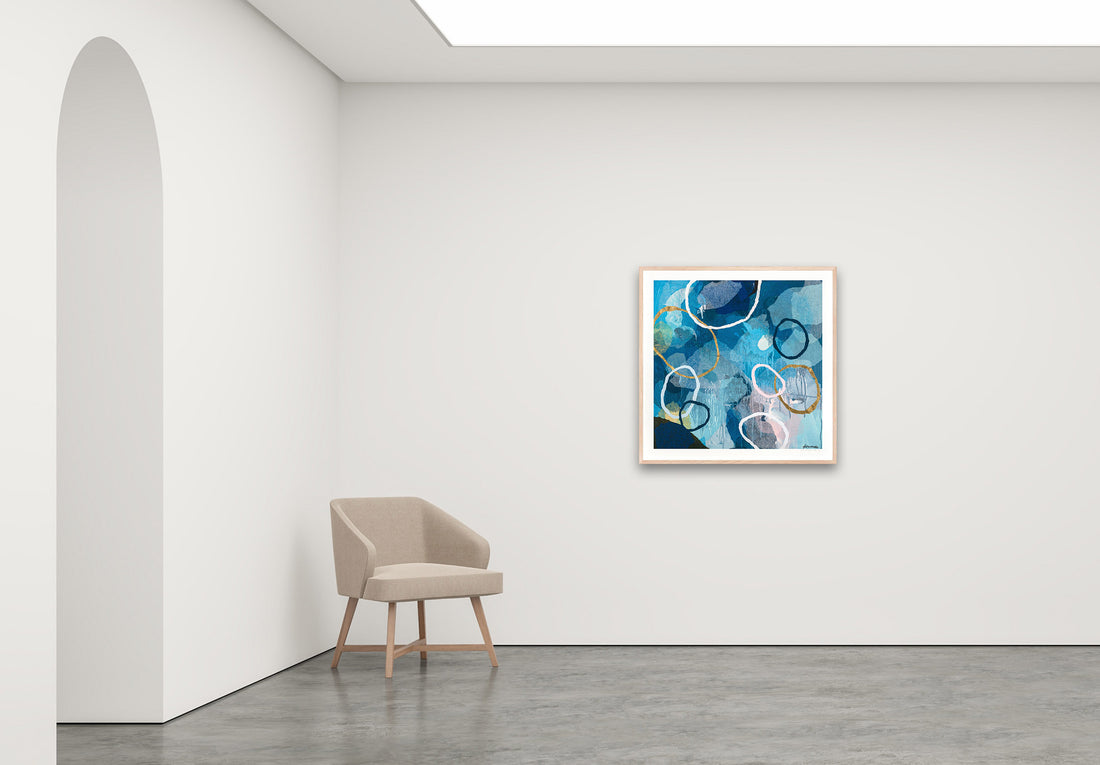 Antoinette Ferwerda | Rockpools with Navy and Gold - Medium limited edition fine art reproduction in a natural oak frame